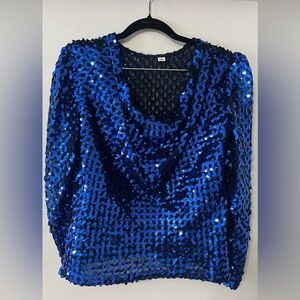 Vintage 80s Partique Blue Sequin Cowl Back Disco Blouse Sz 8